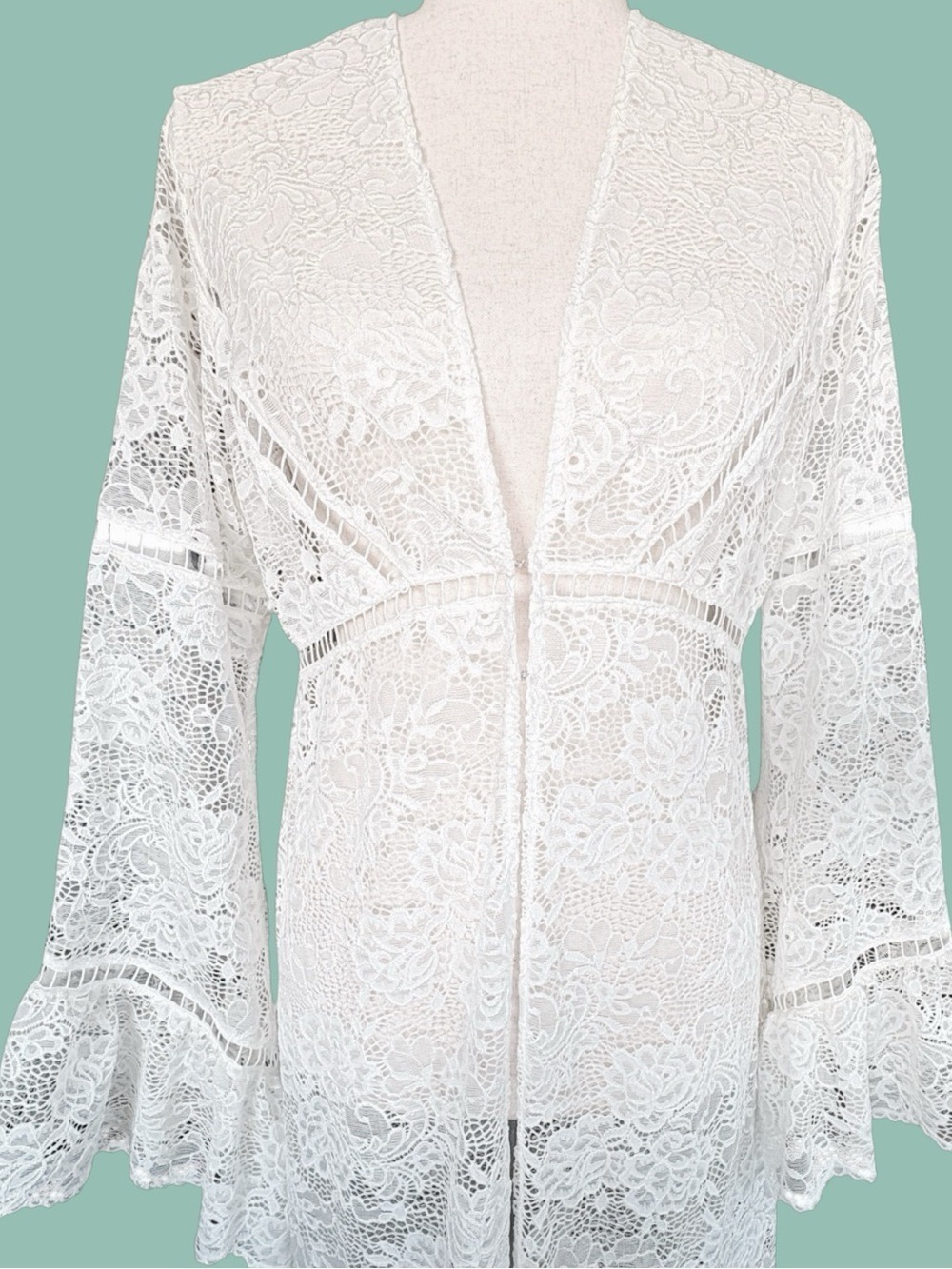 Curation Ivory Sheer Lace Heirloom Maxi S Pagoda Sleeve Festival Duster Top - Picture 4 of 12